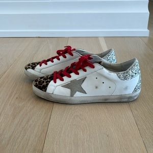 39 White Red Cheetah New Golden Goose Sneakers Red Laces Metallic Glitter